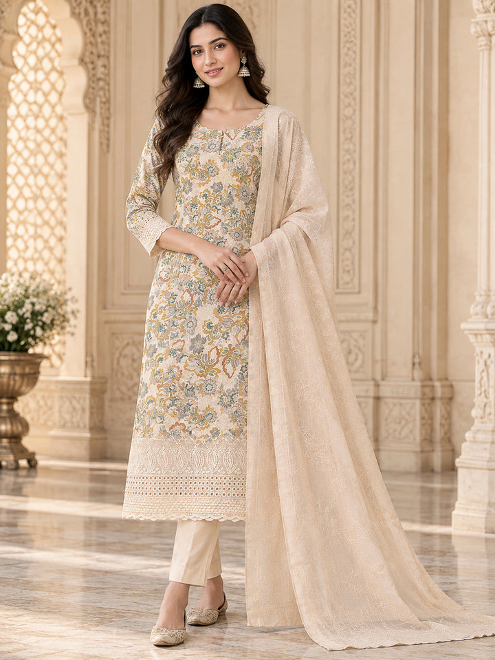 Beige Cotton Blend Printed Unstitched Dress Material