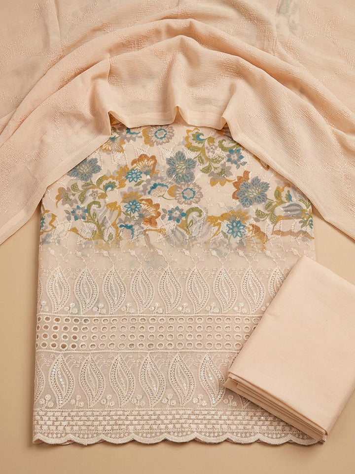 Beige Cotton Blend Printed Unstitched Dress Material