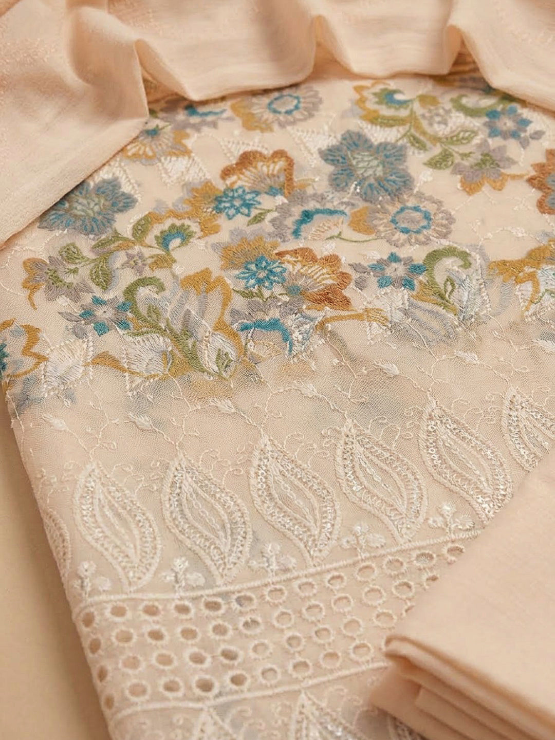 Beige Cotton Blend Printed Unstitched Dress Material