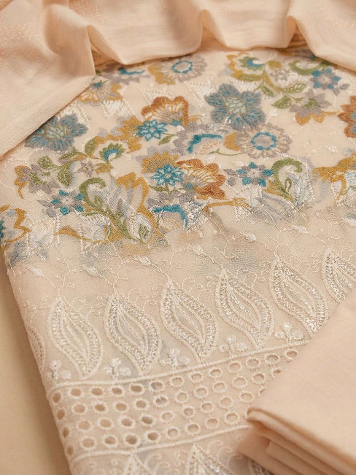 Beige Cotton Blend Printed Unstitched Dress Material