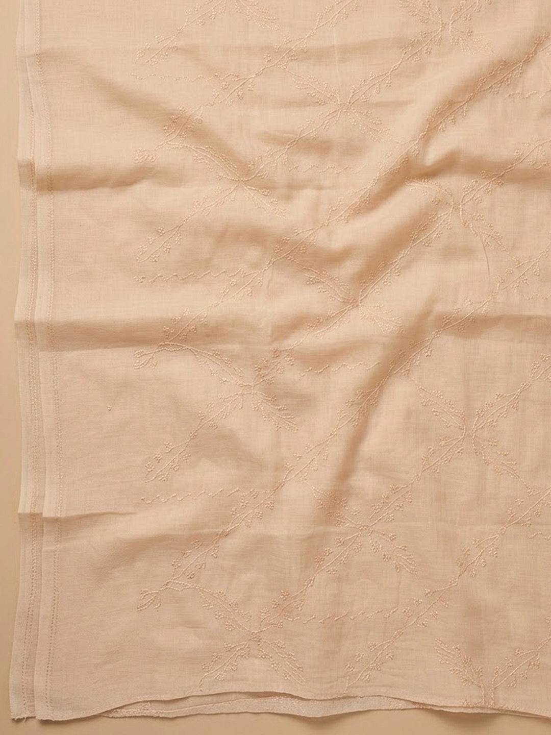 Beige Cotton Blend Printed Unstitched Dress Material
