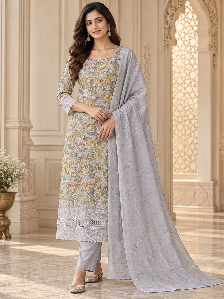 Grey Cotton Blend Printed Unstitched Dress Material