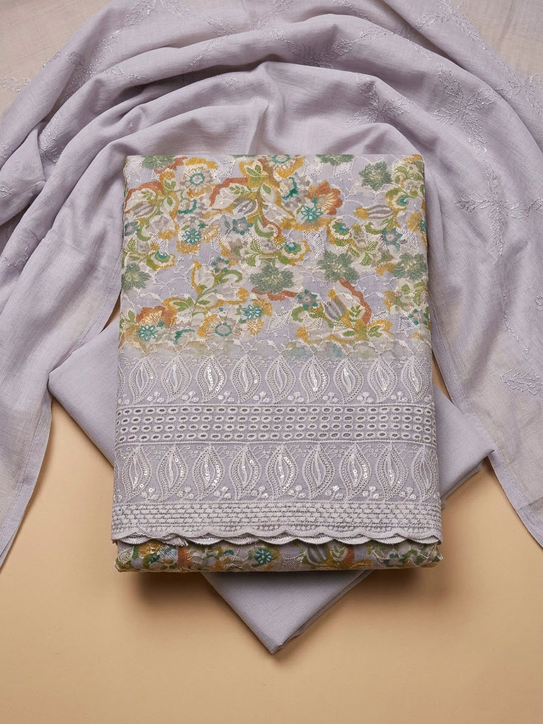 Grey Cotton Blend Printed Unstitched Dress Material
