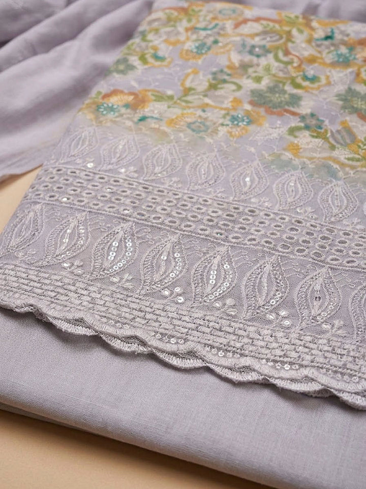 Grey Cotton Blend Printed Unstitched Dress Material