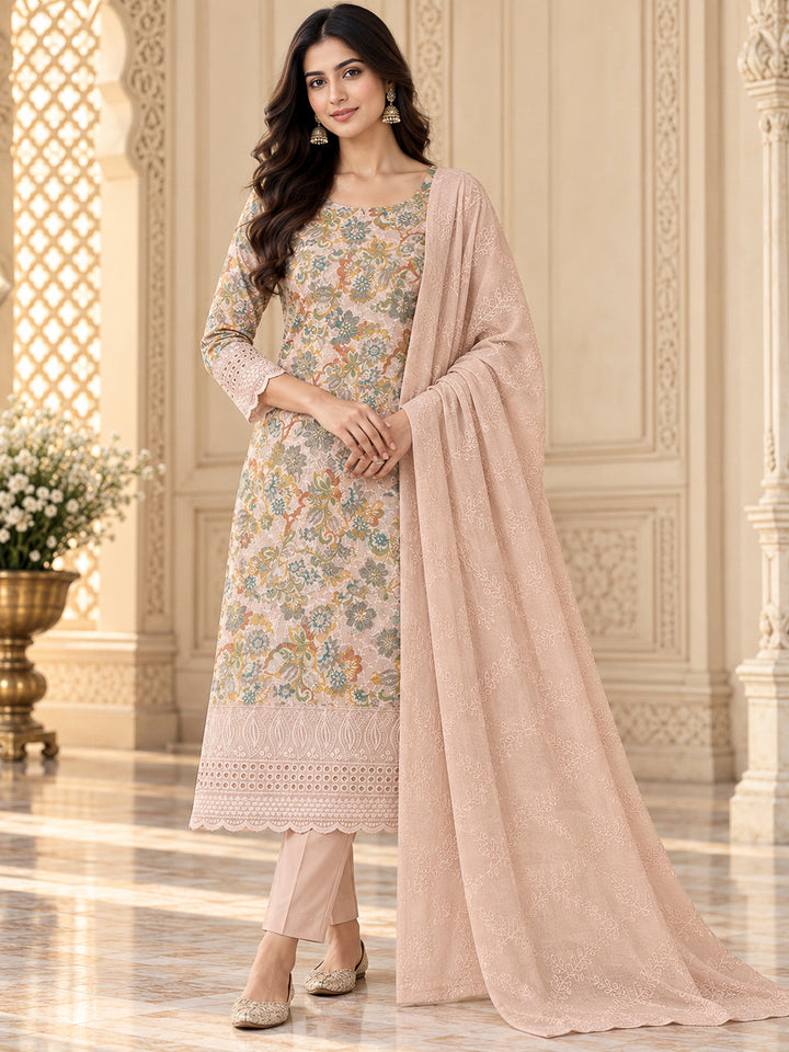 Peach Cotton Blend Printed Unstitched Dress Material