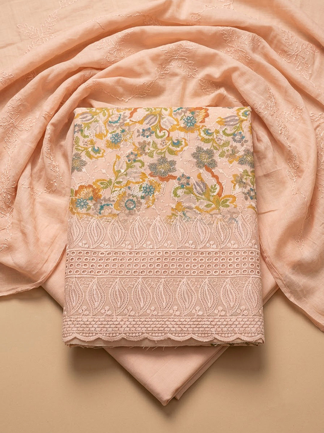 Peach Cotton Blend Printed Unstitched Dress Material