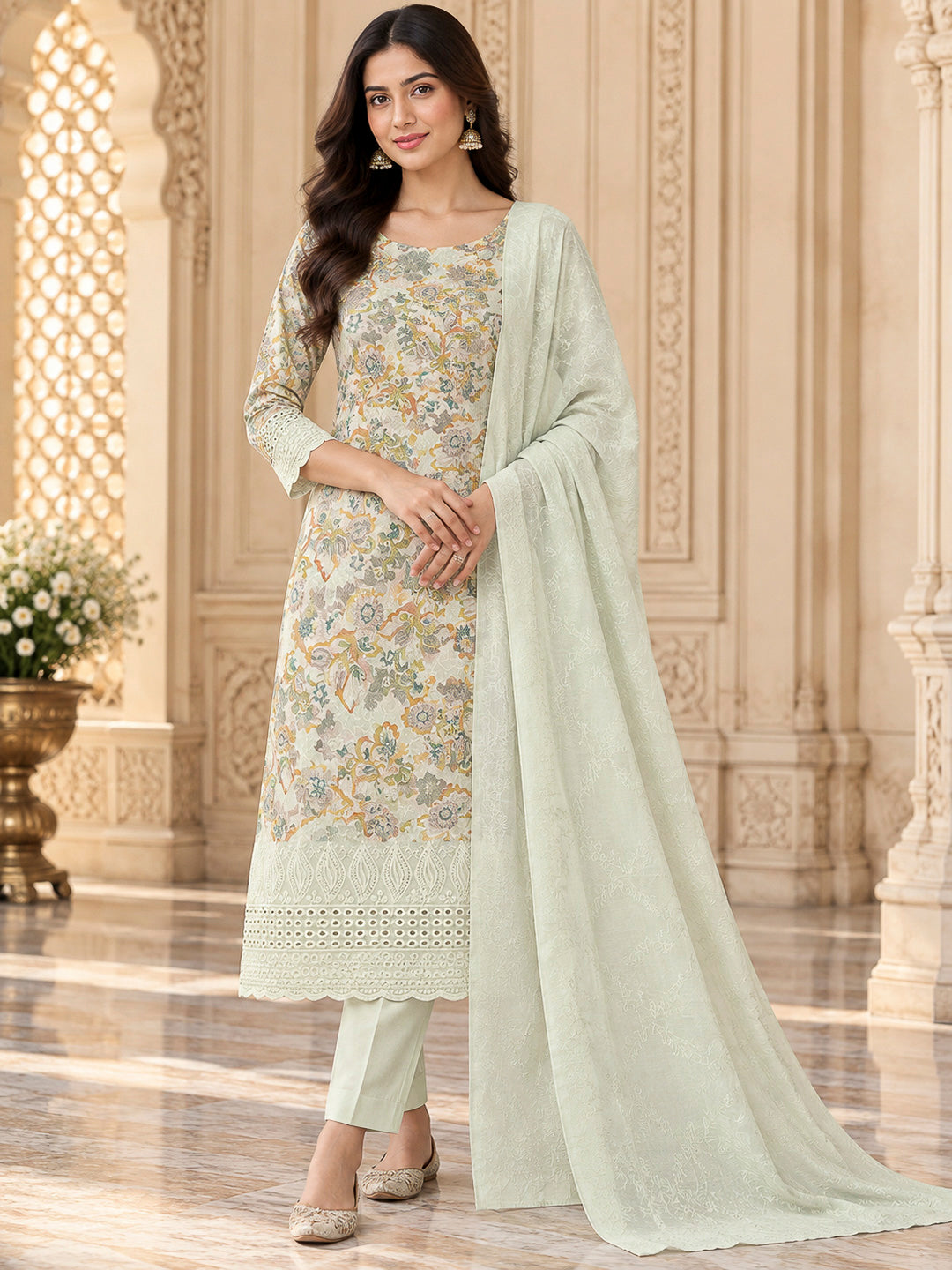 Pista Green Cotton Blend Printed Unstitched Dress Material