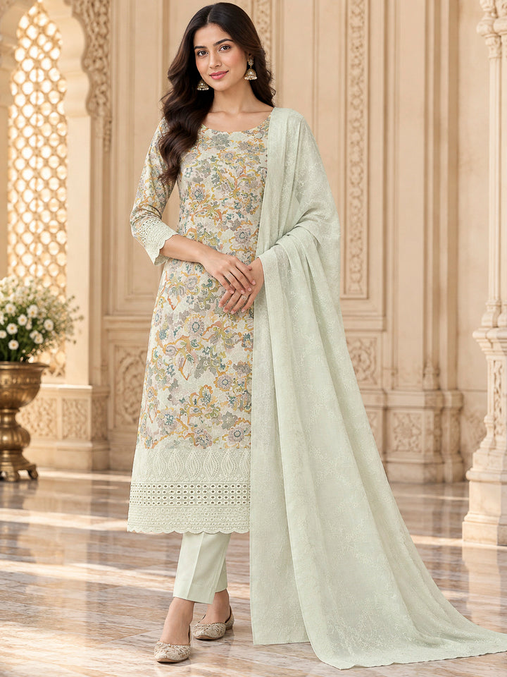Pista Green Cotton Blend Printed Unstitched Dress Material