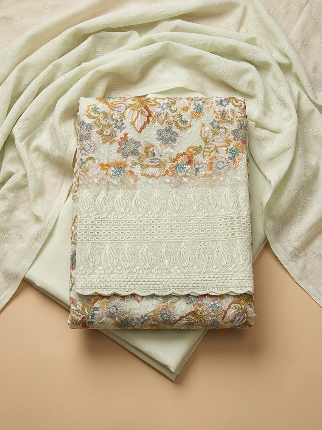 Pista Green Cotton Blend Printed Unstitched Dress Material