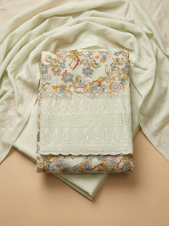 Pista Green Cotton Blend Printed Unstitched Dress Material