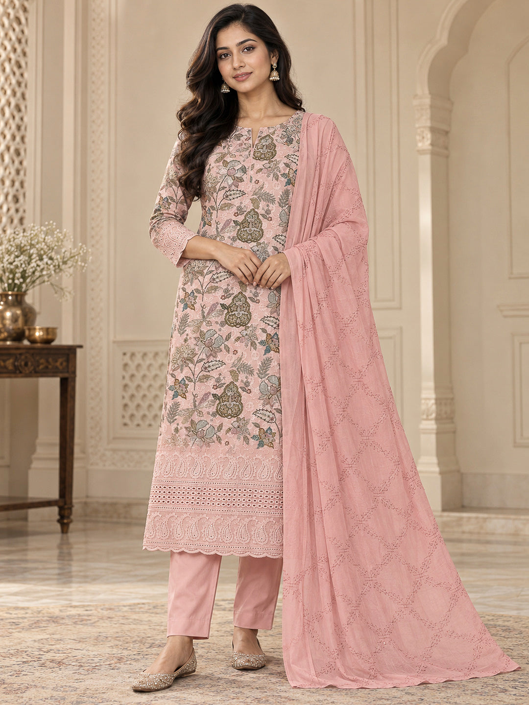 Peach Cotton Blend Printed Unstitched Dress Material