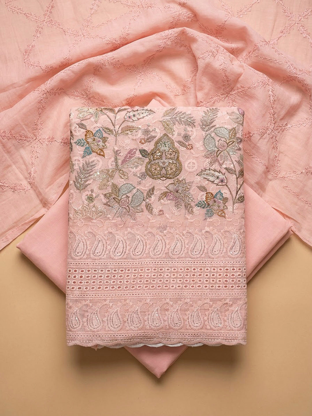 Peach Cotton Blend Printed Unstitched Dress Material