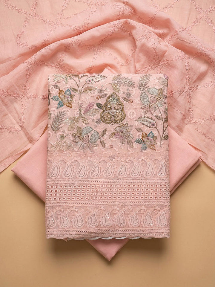 Peach Cotton Blend Printed Unstitched Dress Material