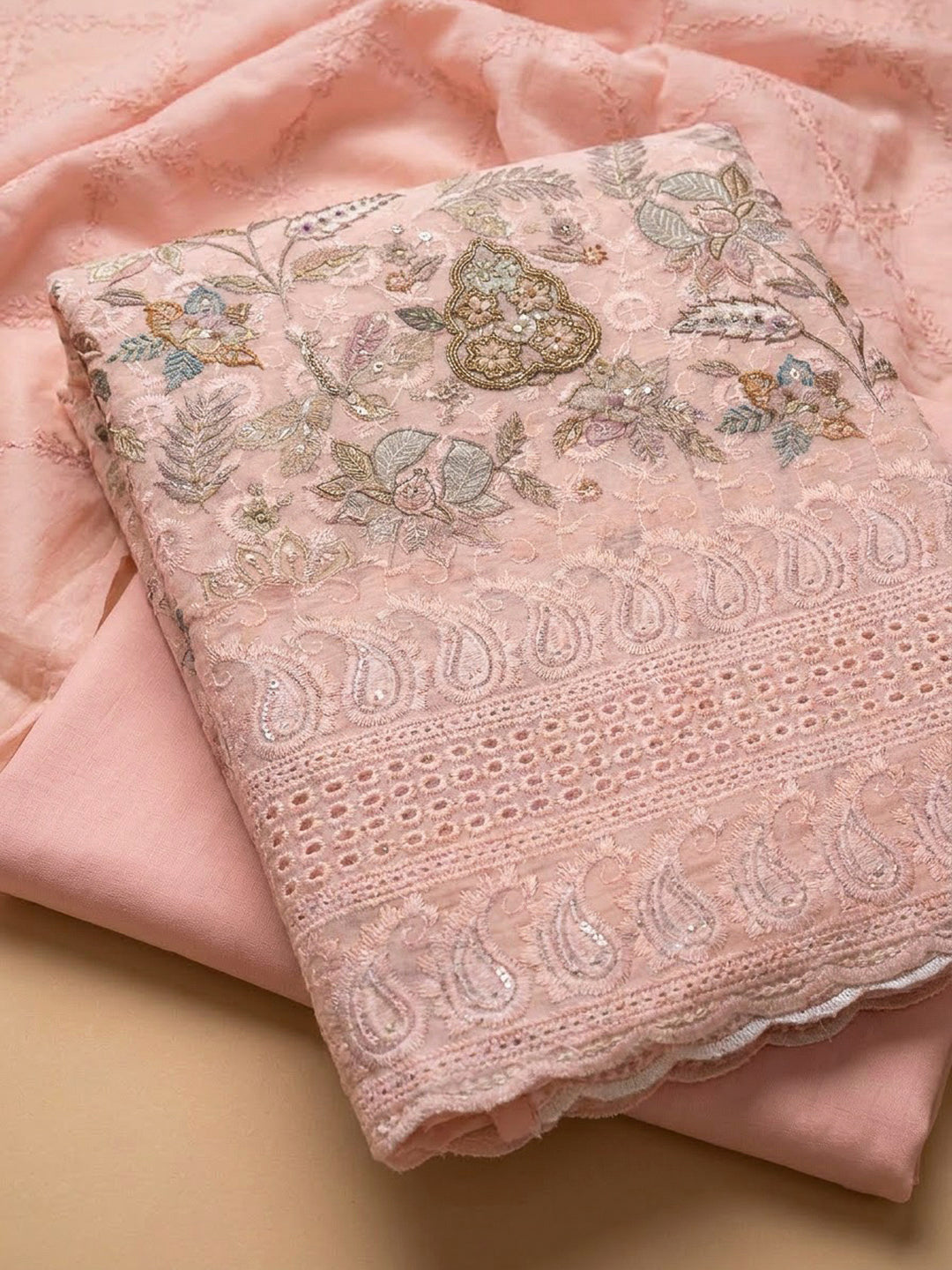 Peach Cotton Blend Printed Unstitched Dress Material