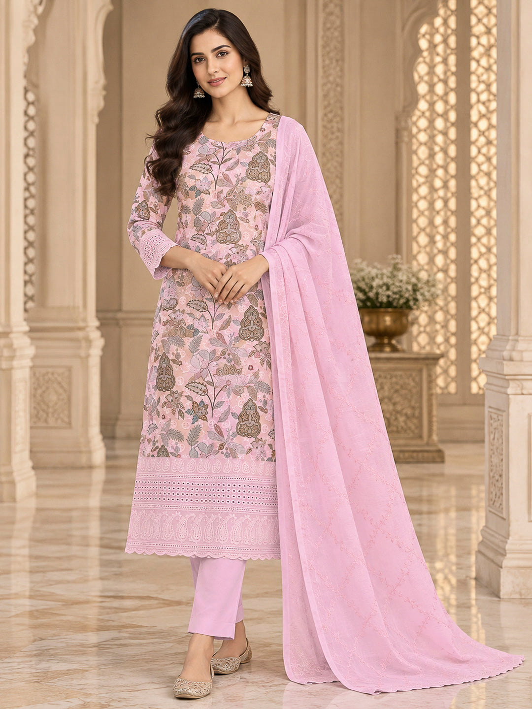 Pink Cotton Blend Printed Unstitched Dress Material