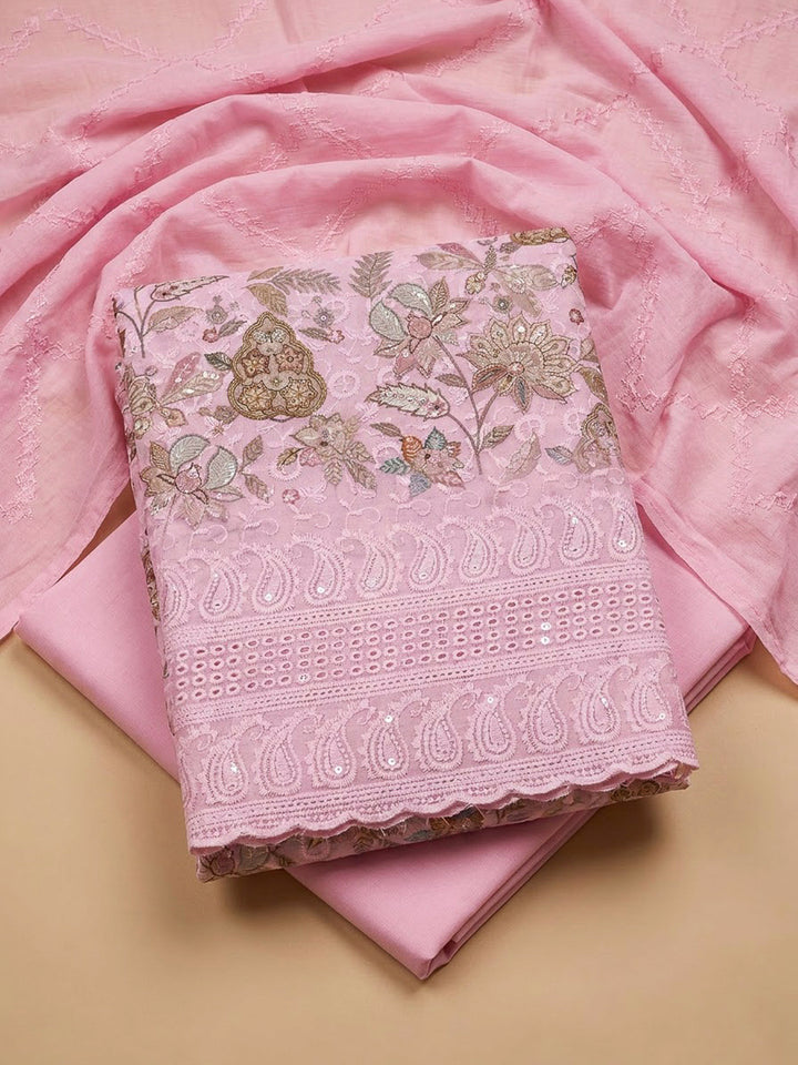Pink Cotton Blend Printed Unstitched Dress Material