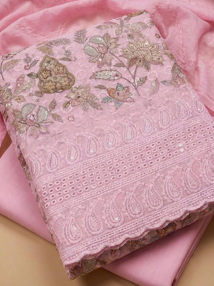 Pink Cotton Blend Printed Unstitched Dress Material