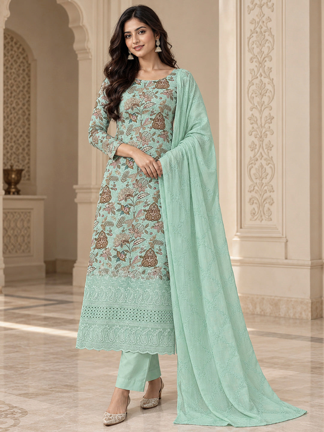 Sea Green Cotton Blend Printed Unstitched Dress Material