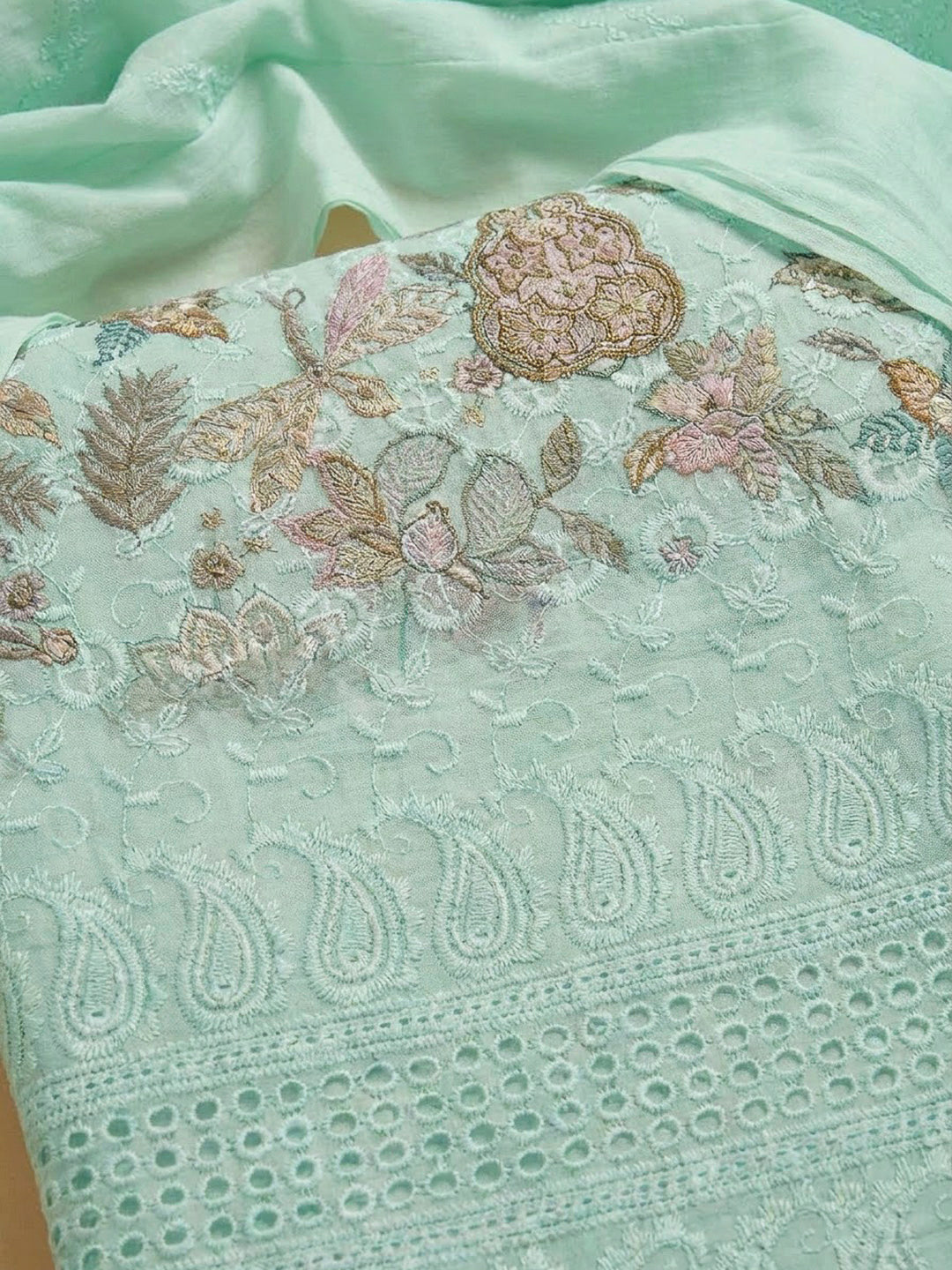 Sea Green Cotton Blend Printed Unstitched Dress Material