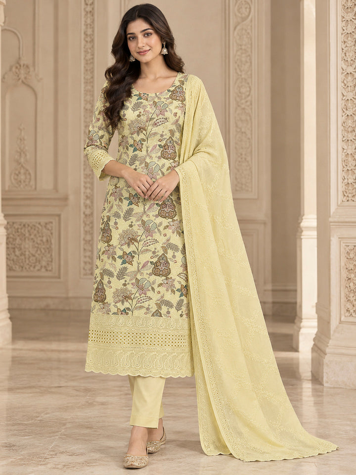 Yellow Cotton Blend Printed Unstitched Dress Material
