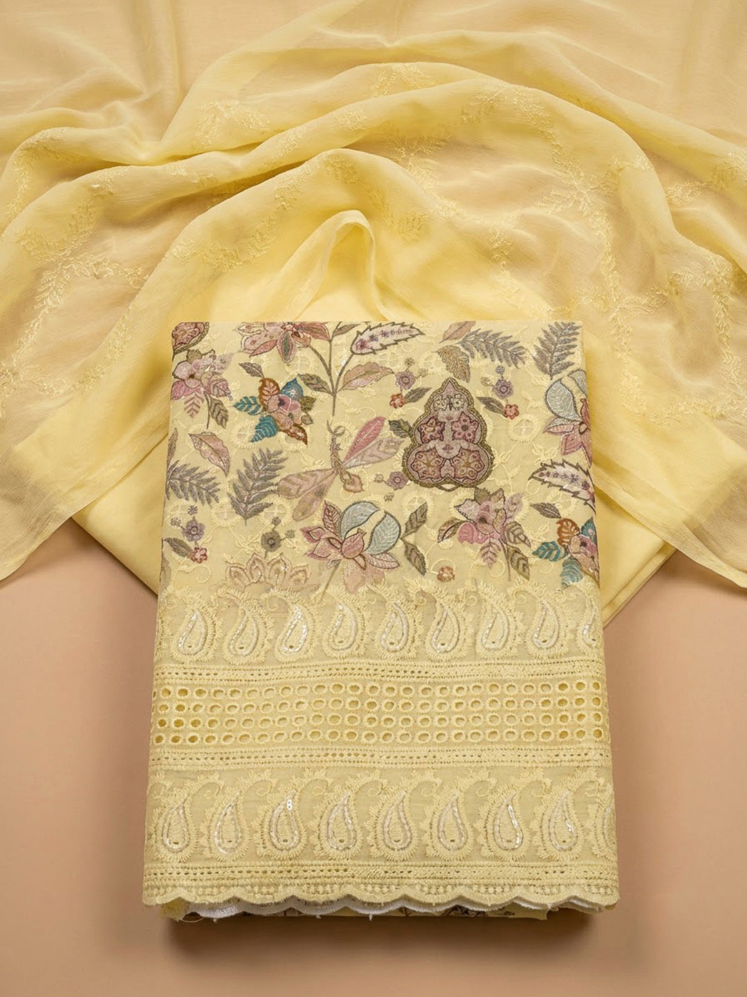 Yellow Cotton Blend Printed Unstitched Dress Material