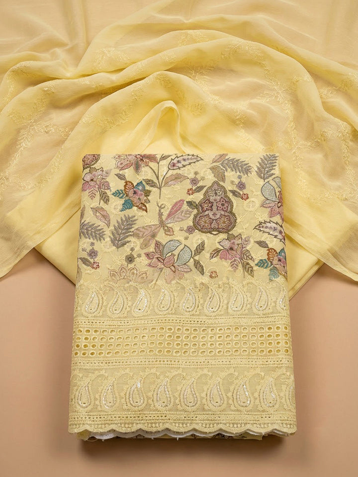 Yellow Cotton Blend Printed Unstitched Dress Material
