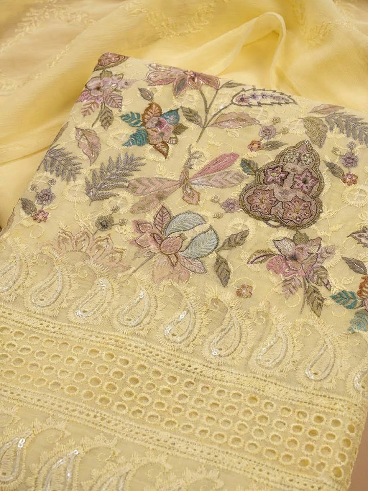 Yellow Cotton Blend Printed Unstitched Dress Material