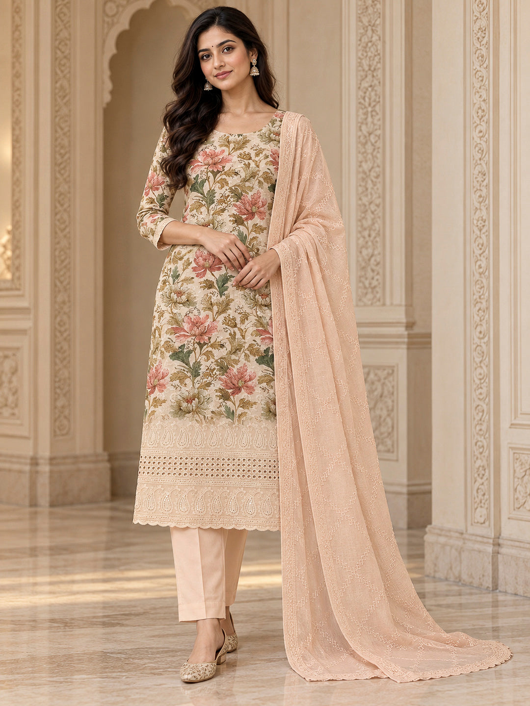 Beige Cotton Blend Printed Unstitched Dress Material