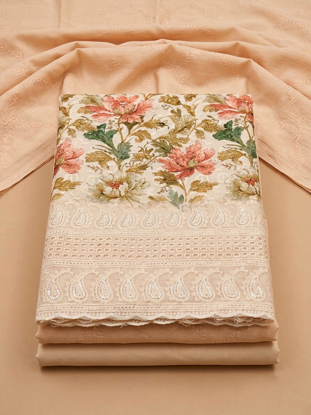 Beige Cotton Blend Printed Unstitched Dress Material