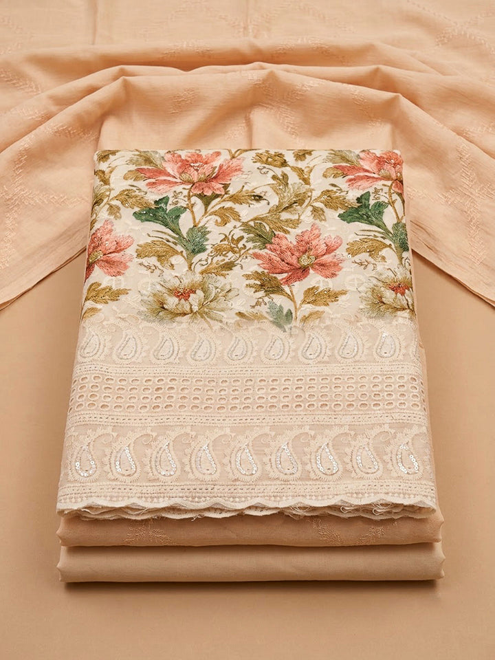 Beige Cotton Blend Printed Unstitched Dress Material