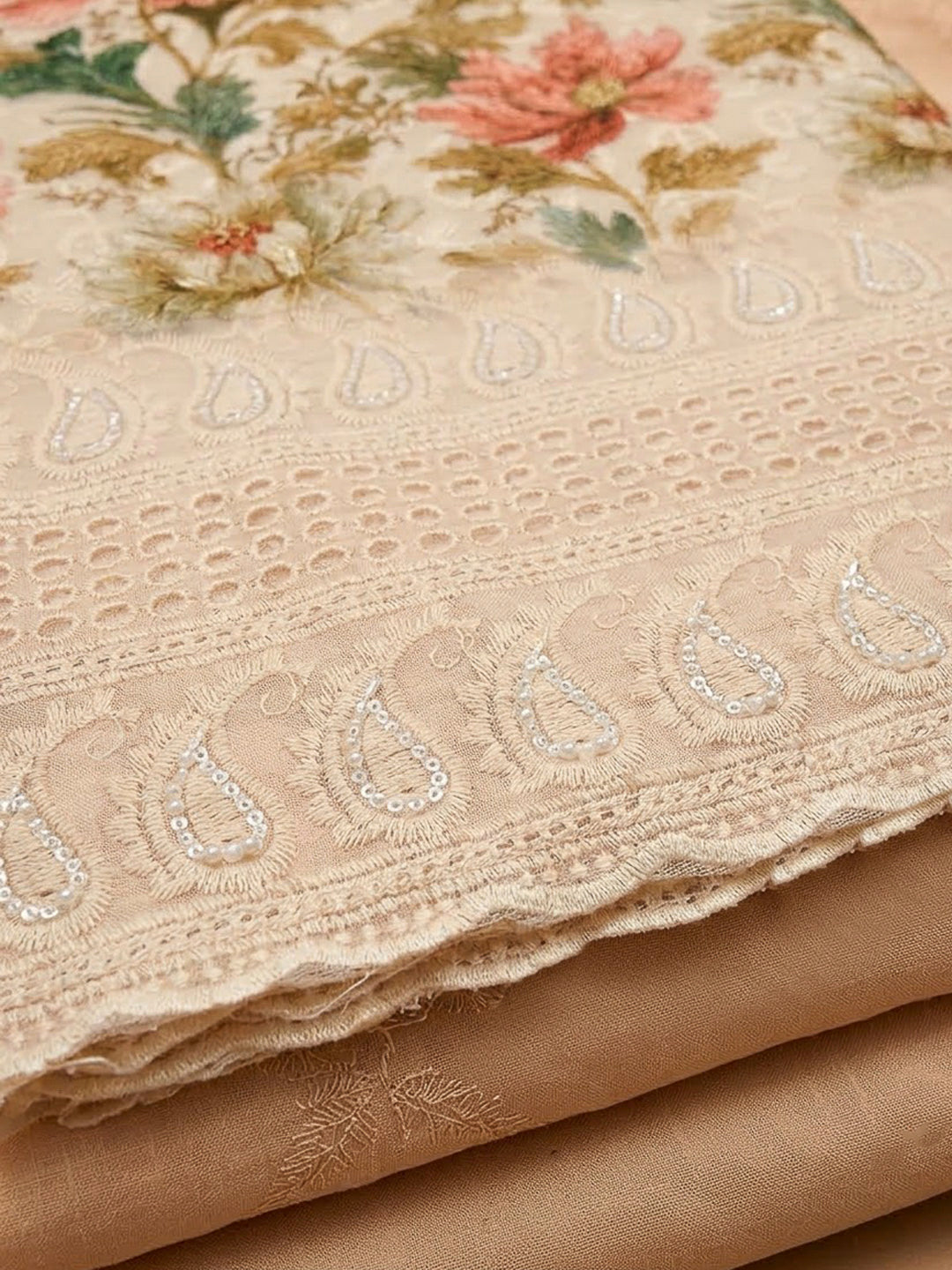 Beige Cotton Blend Printed Unstitched Dress Material