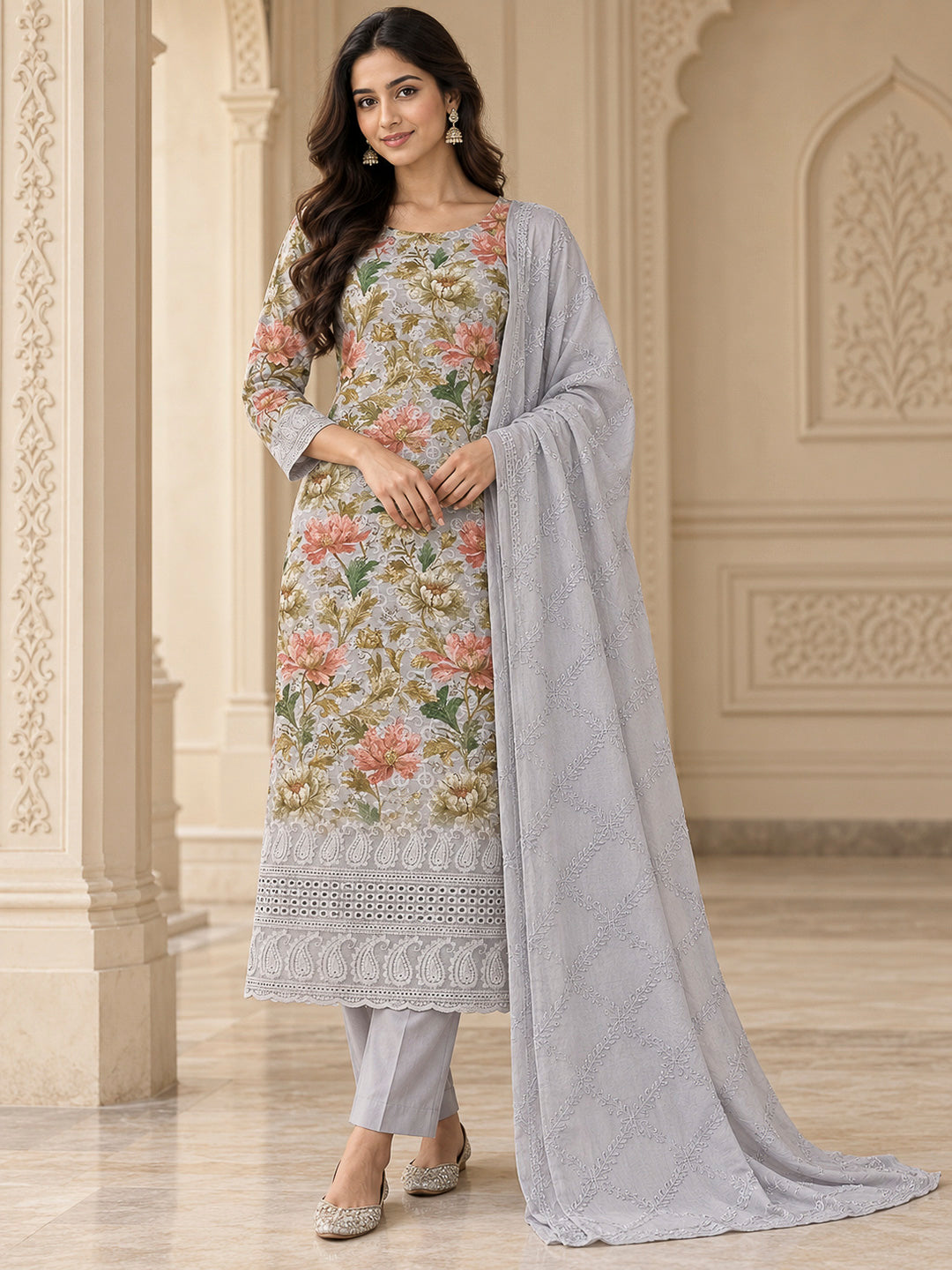 Grey Cotton Blend Printed Unstitched Dress Material