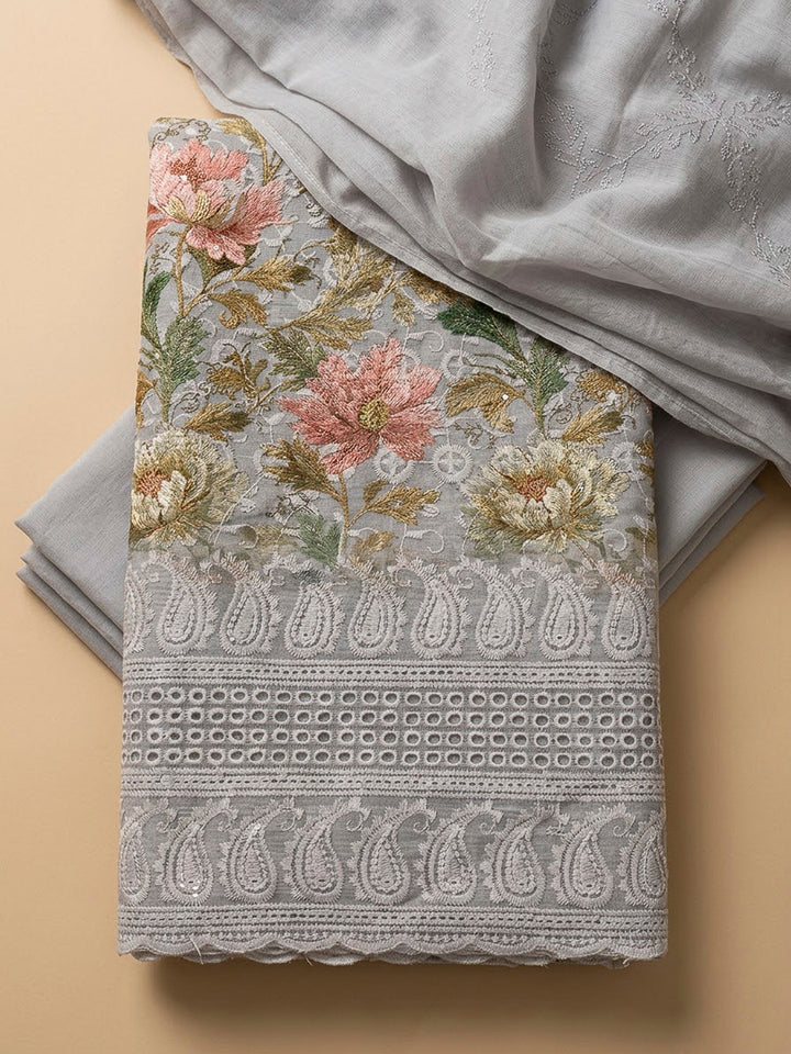 Grey Cotton Blend Printed Unstitched Dress Material