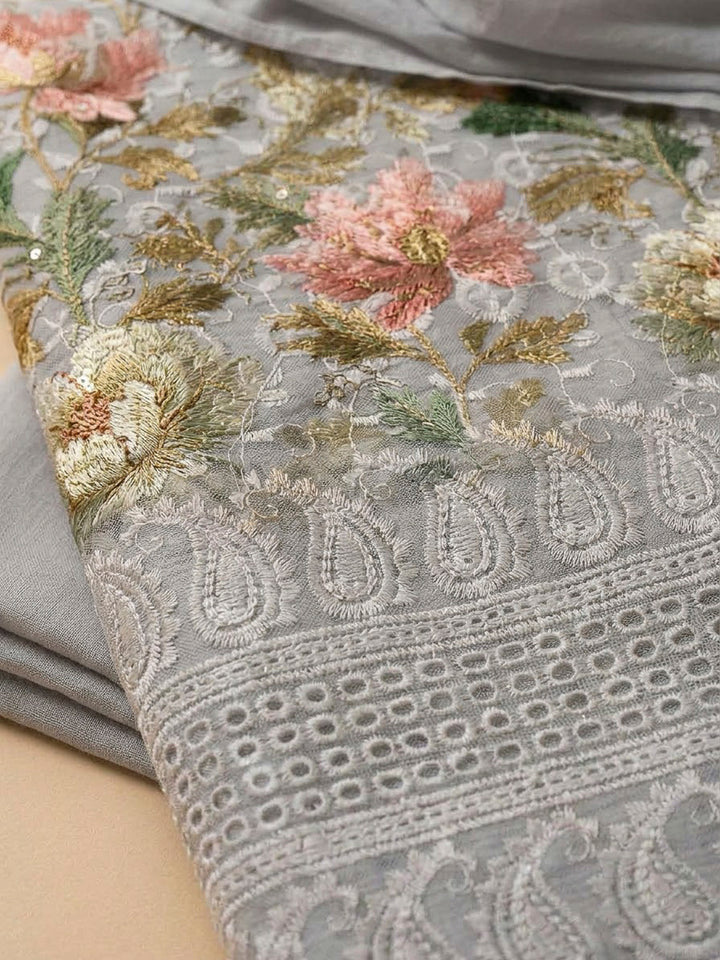 Grey Cotton Blend Printed Unstitched Dress Material