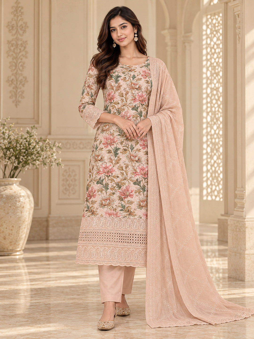 Peach Cotton Blend Printed Unstitched Dress Material