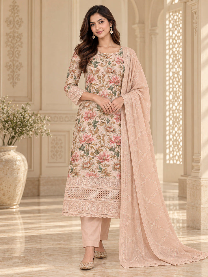 Peach Cotton Blend Printed Unstitched Dress Material