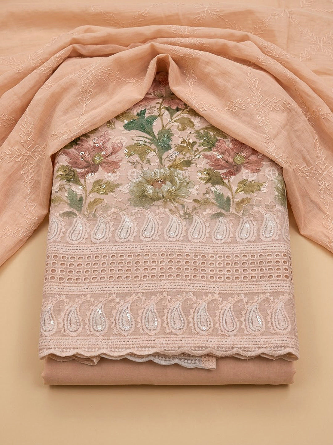 Peach Cotton Blend Printed Unstitched Dress Material