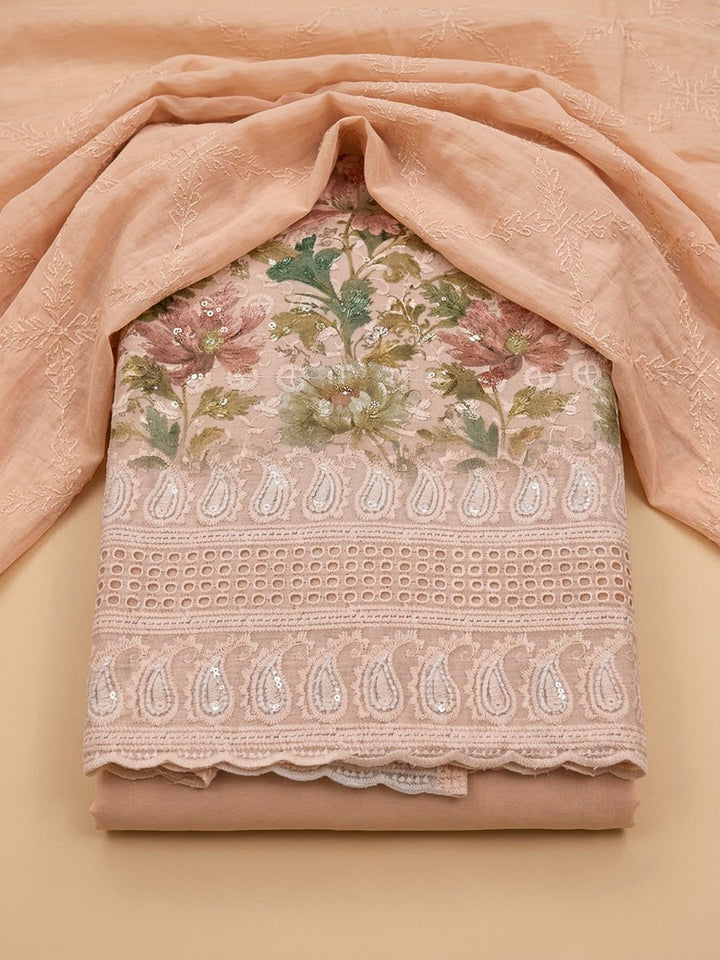 Peach Cotton Blend Printed Unstitched Dress Material