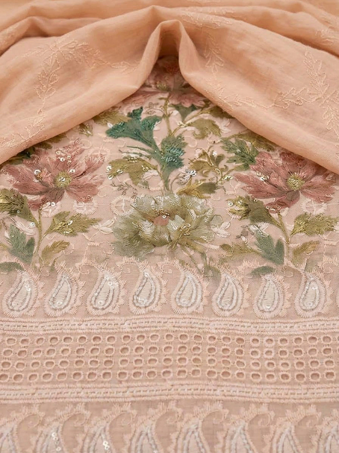 Peach Cotton Blend Printed Unstitched Dress Material
