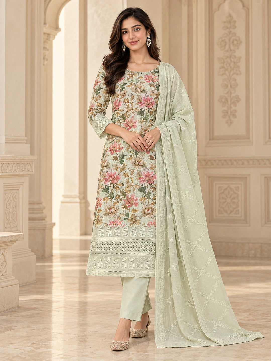 Pista Green Cotton Blend Printed Unstitched Dress Material