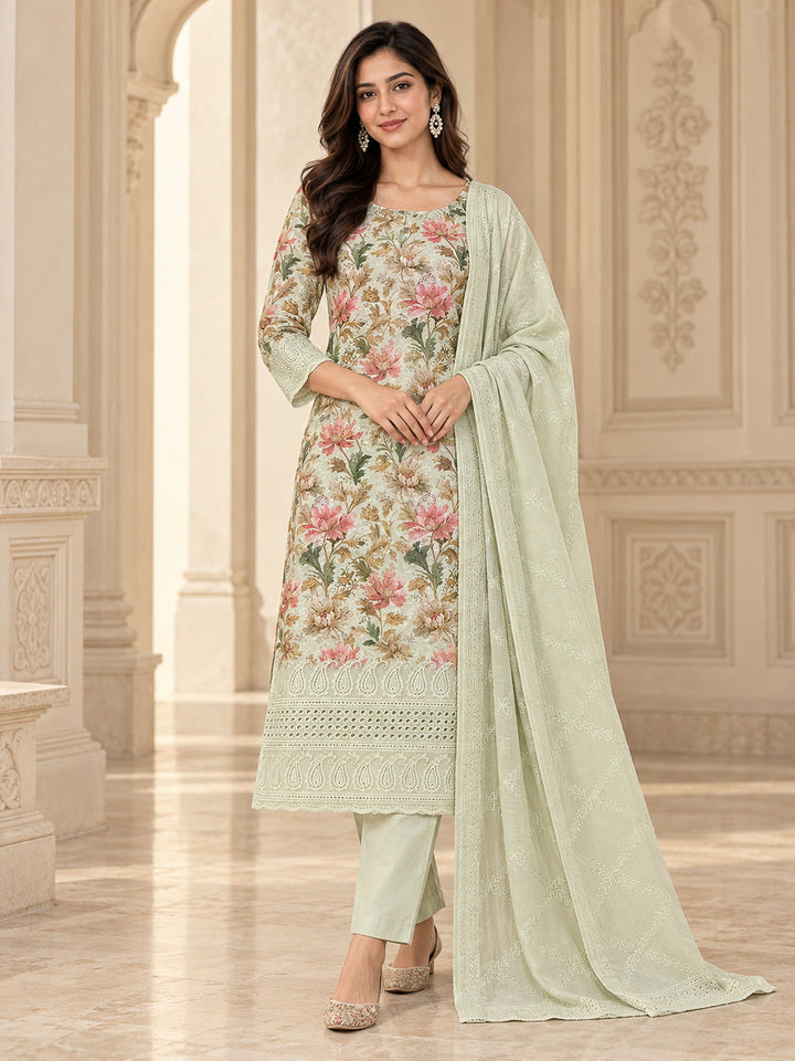 Pista Green Cotton Blend Printed Unstitched Dress Material