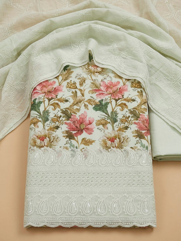 Pista Green Cotton Blend Printed Unstitched Dress Material