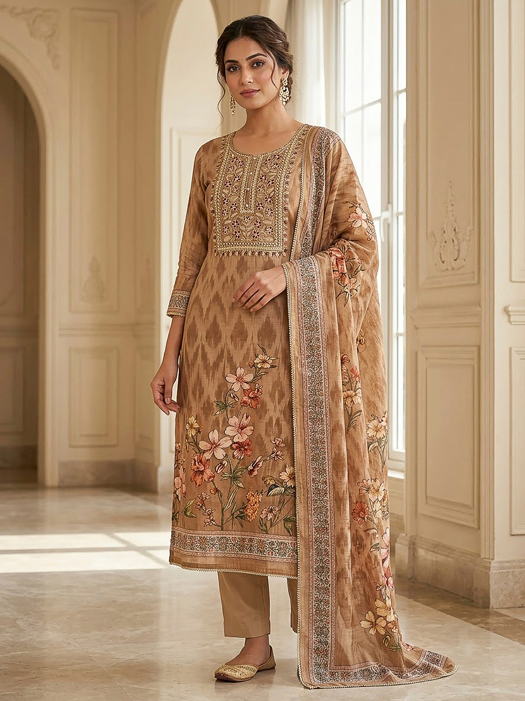 Beige Chanderi Embroidered Unstitched Dress Material