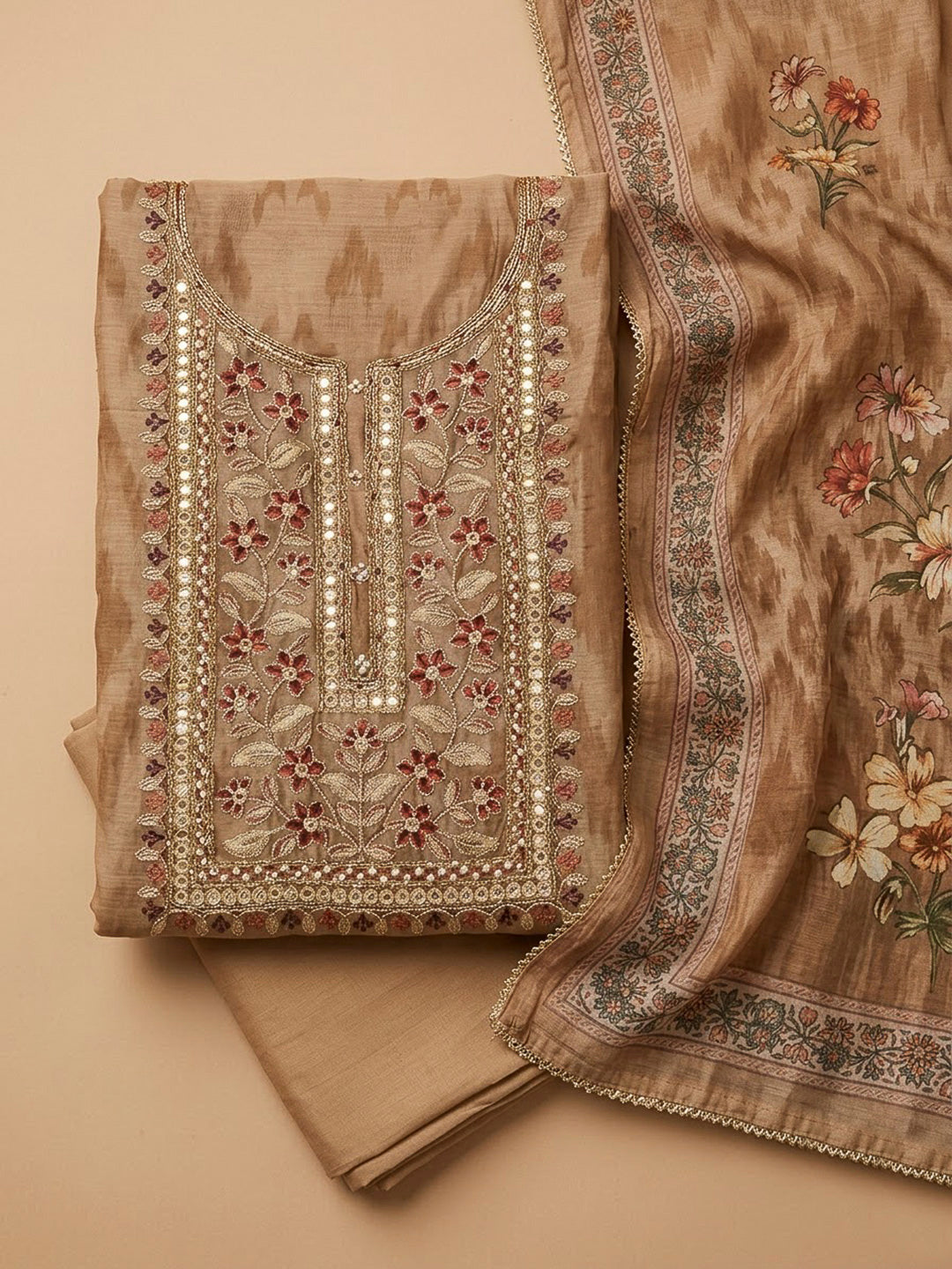 Beige Chanderi Embroidered Unstitched Dress Material
