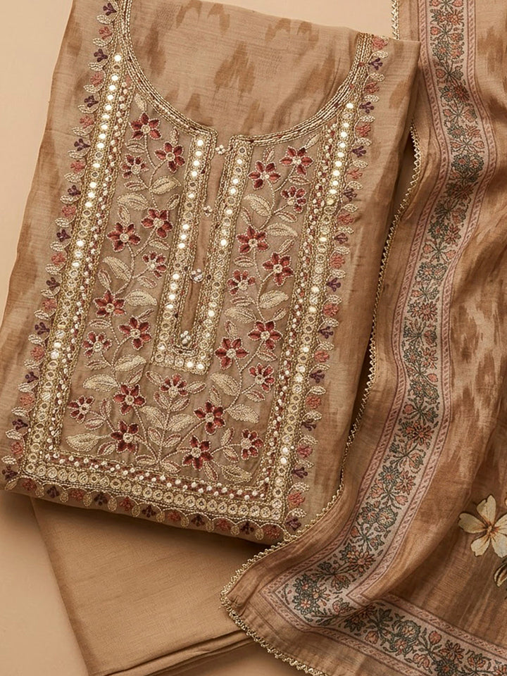 Beige Chanderi Embroidered Unstitched Dress Material