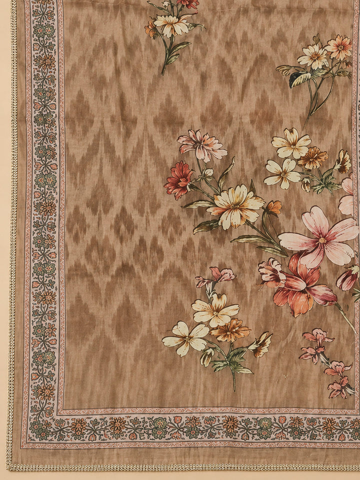 Beige Chanderi Embroidered Unstitched Dress Material