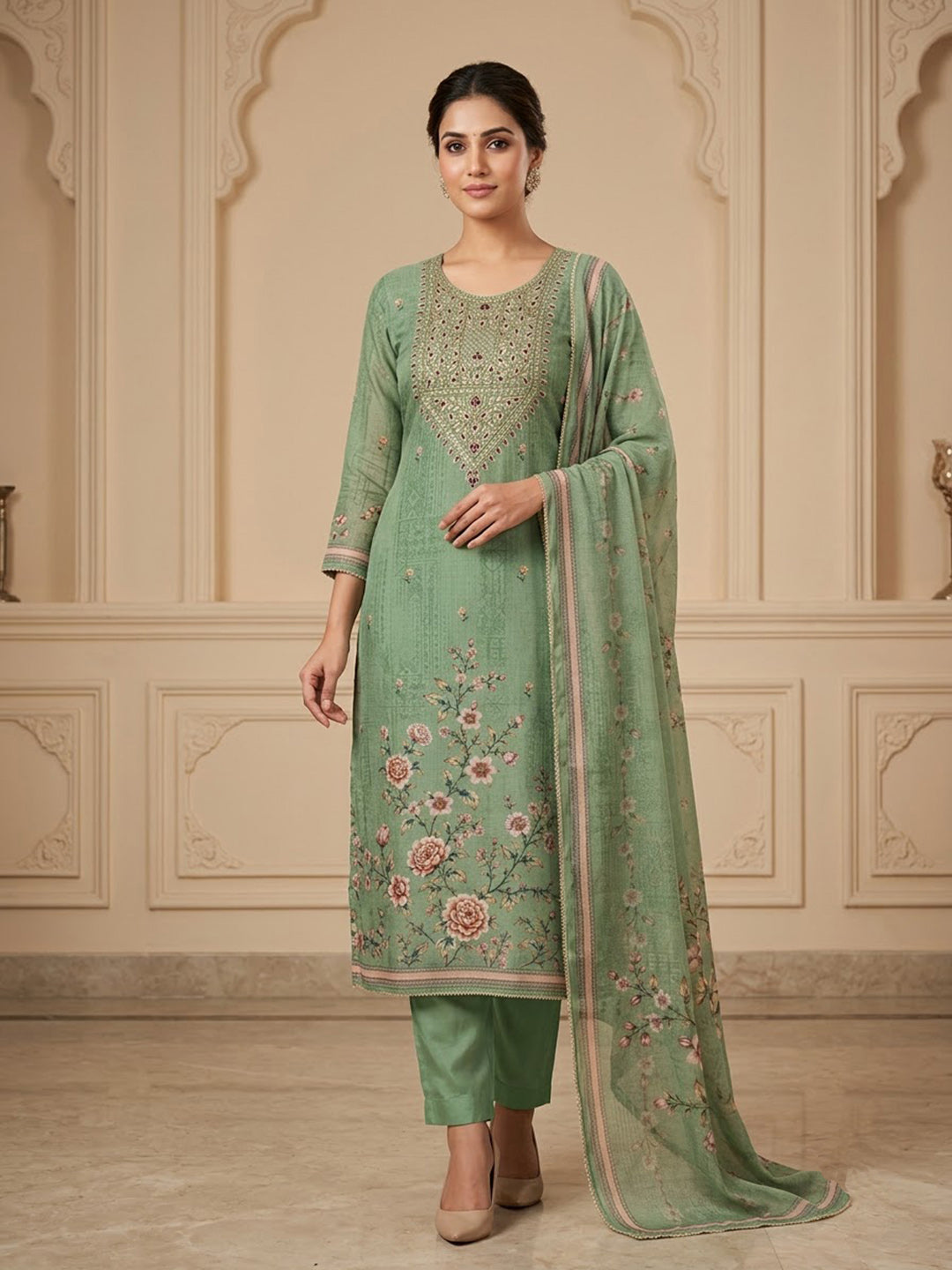 Aqua-Green Chanderi Embroidered Unstitched Dress Material