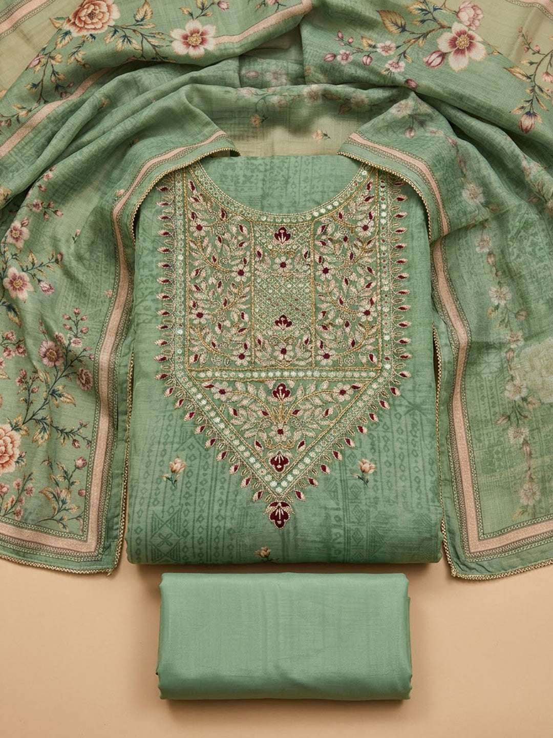 Aqua-Green Chanderi Embroidered Unstitched Dress Material