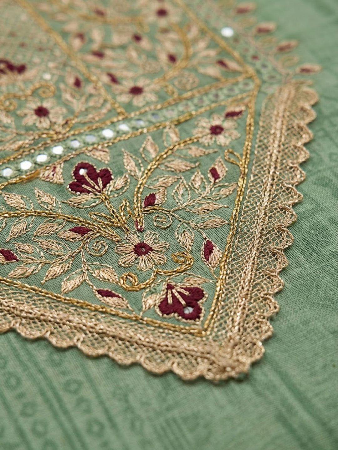 Aqua-Green Chanderi Embroidered Unstitched Dress Material