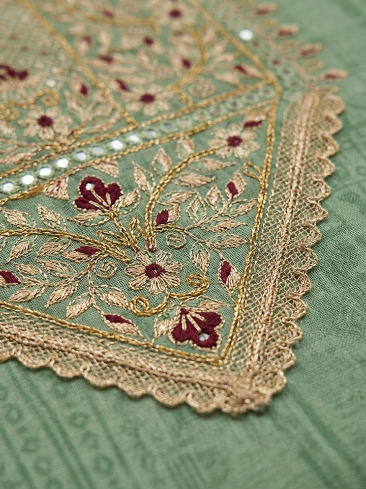 Aqua-Green Chanderi Embroidered Unstitched Dress Material